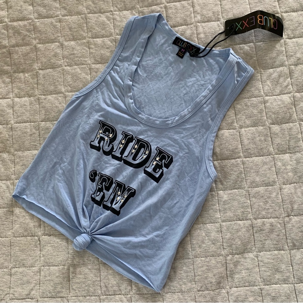 Dollskill X Clubexx “Ride ‘Em” sexy bedazzled blue cropped knot tie tank cami